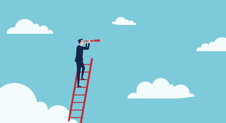 Businessman on a ladder to success through the blue sky and clouds, a vector illustration of an inspiring journey © grvect02