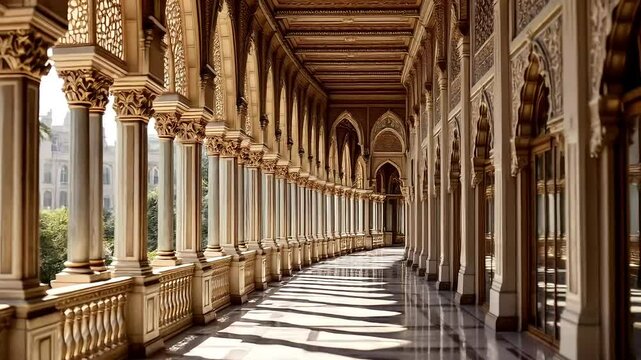 Hyper realistic dolly shot along the curved colonnades and Moorish arches, with focus shifts on ornate window tracery