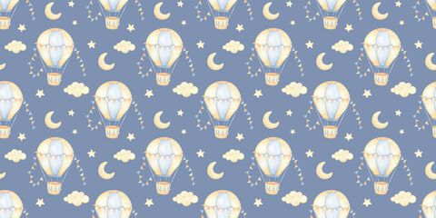 Seamless pattern with watercolor hot air balloon and moon on blue background . Hand drawn illustrations for kids and baby