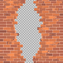 Broken brick wall, transparent background, red wall opening, damaged brick texture, urban grunge border illustration