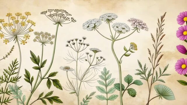 Botanical Beauty: An artistic composition features a variety of botanical elements, with detailed line art bringing out the delicate beauty of each plant
