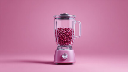 A pink blender filled with pink balls is placed centrally. Concept: monochrome, kitchen appliance, playful