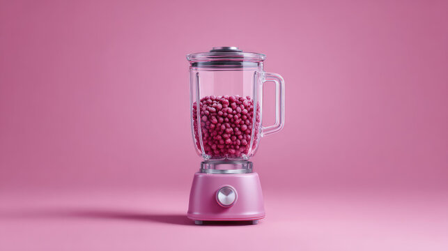 A pink blender filled with pink balls is placed centrally. Concept: monochrome, kitchen appliance, playful