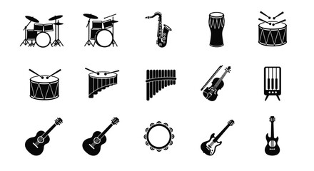 Vector set of black musical instrument icons, isolated silhouettes