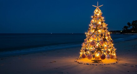 穏やか夜空 輝く貝殻ツリー 砂浜クリスマス