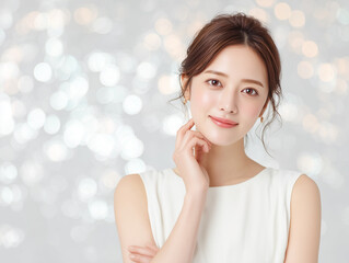 キラキラ背景で輝く美肌の日本人女性ポートレート &ndash; 美容 広告 SNS