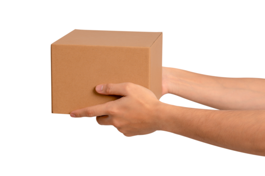 Hand holding parcel box isolated on transparent PNG. 