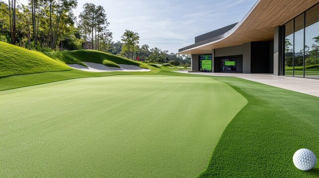 Modern Indoor Golf Training Facility Featuring Artificial Turf and State-of-the-Art Technology