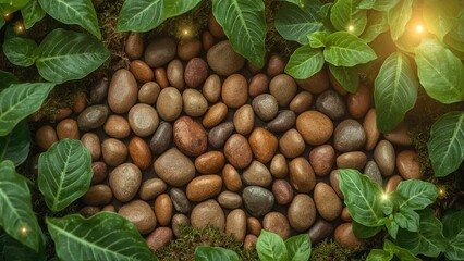 Natural arrangement of smooth sea pebbles and scattered leaves on a sandy surface with copy space, creating a serene, minimalist composition perfect for themes of relaxation, nature, and tranquility

