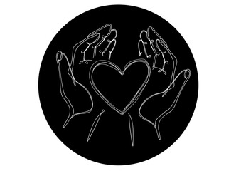 Protective hands holding heart on black background, reversed type one line art, symbol of solidarity, support, love, unity, human dignity, Black Lives Matter, racial justice, equality campaigns