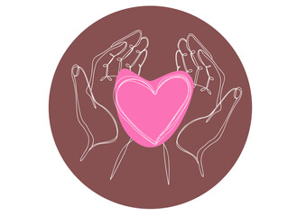 Protective hands holding pink heart on brown background, reversed type one line art, symbol of solidarity, support, love, unity, human dignity, Black Lives Matter, racial justice, equality campaigns