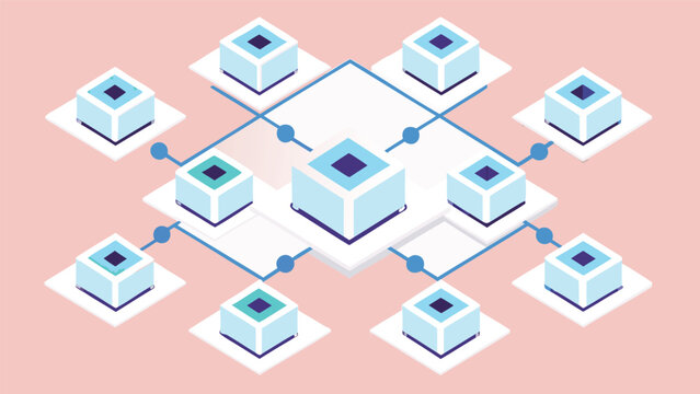 Isometric illustration of ai server connected to multiple data servers on a light pink background