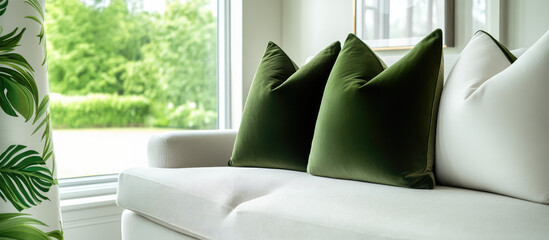White sofa with green pillows is placed near a window with a view of lush greenery. Elegant and cozy interior design