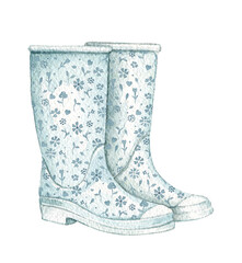 Vintage pair of blue rubber boots with floral pattern isolated on white background. Watercolor hand drawn illustration