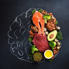 Concept of healthy food for the brain: fish, meat, nuts, vegetables and greens. Brain drawing with...