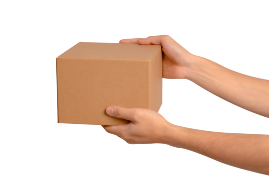 Hand holding parcel box isolated on transparent PNG.  - Powered by Adobe