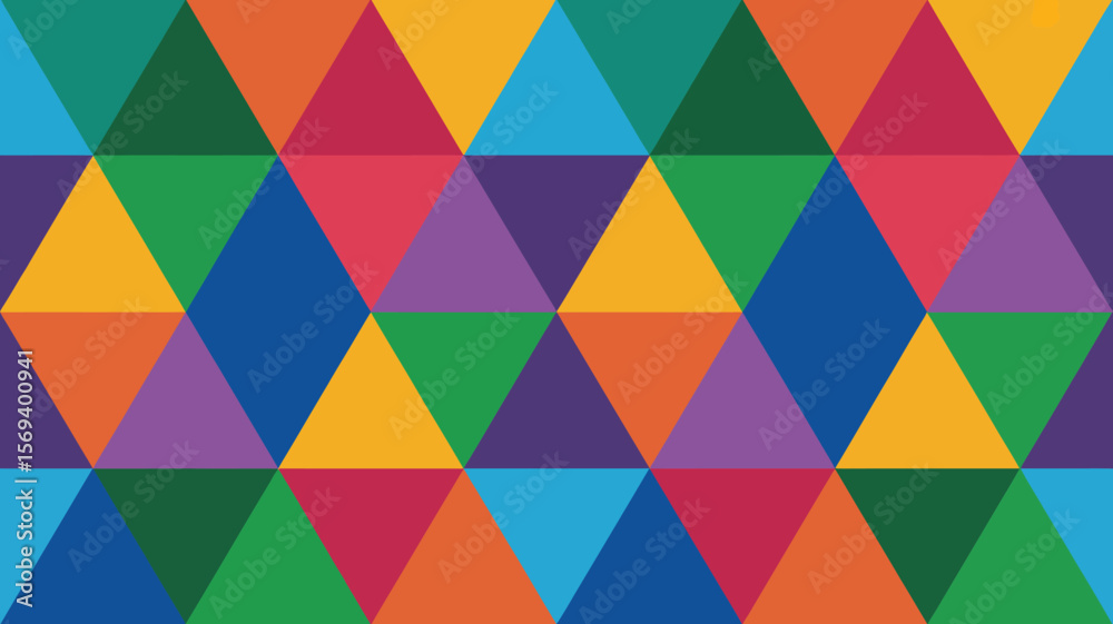 Poster a seamless pattern of colorful triangles arranged in a geometric mosaic design with vibrant hues and
