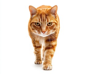 an orange tabby cat walking on a white background. a cat walking on a white background. a cat sitting on top of a white surface