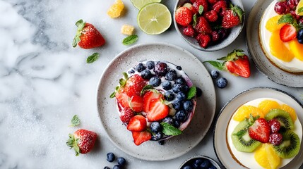 Vibrant fruit cake topped with berries and kiwi / フルーツたっぷりの色鮮やかなスイーツプレート