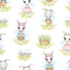 Seamless pattern with Easter bunnies, flowers and basket with lilies of the valley in the meadow. Watercolor hand drawn illustration