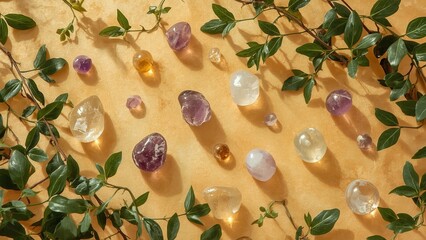 Natural arrangement of smooth sea pebbles and scattered leaves on a sandy surface with copy space, creating a serene, minimalist composition perfect for themes of relaxation, nature, and tranquility
