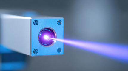 A machine emits a focused blue laser beam. Technology, precision, optics