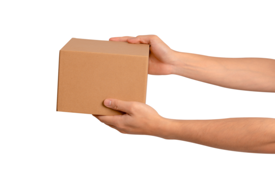 Hand holding parcel box isolated on transparent PNG. 