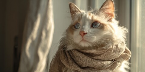 the head of a cat. a cat with a scarf around its neck. a cat with a bow on its head