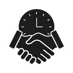 Handshake With Clock Solid Icon. Time Management, Business Agreement, And Deadline Coordination Silhouette Symbol. Efficient Collaboration. Isolated Vector Illustration