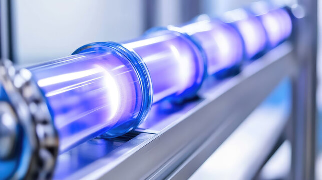 A series of glowing blue tubes is mounted on a metallic rack, emitting bright light. Concept: futuristic technology, light, innovation - Powered by Adobe