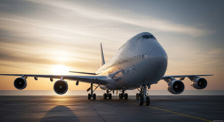 Obraz premium airplane landing at sunset