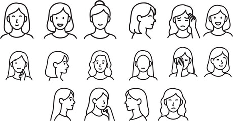 Minimalist Hairstyle and Head Pose Line Art Set Line Art Reference Set – Hairstyles, Angles & Expressions