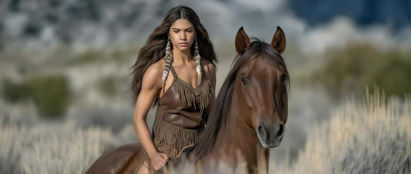 Spirit of the Prairie: An elegant native woman, in traditional attire, rides a horse gracefully across the vast expanse of the wild west. The serene backdrop complements the rich heritage.