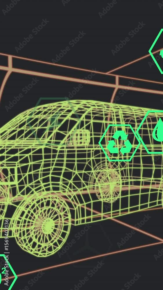 Poster animation of icons processing status data over 3d van model moving on black background