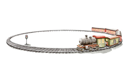 Watercolor vintage children toy miniature round railway with train isolated on white background. Hand drawn illustration sketch