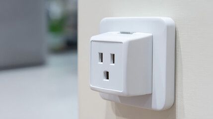 A white electrical outlet adapter is plugged into a wall socket.  