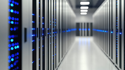 Rows of illuminated server racks with blue lights are aligned in a bright hallway. Technology, data storage, network infrastructure