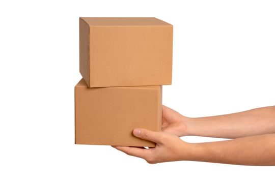 Hand holding parcel box isolated on transparent PNG. 