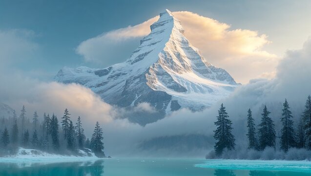 Majestic snow-covered mountain peak rising above clouds at sunrise, reflected in a turquoise glacial lake surrounded by snow-dusted evergreen trees — serene winter landscape in golden light