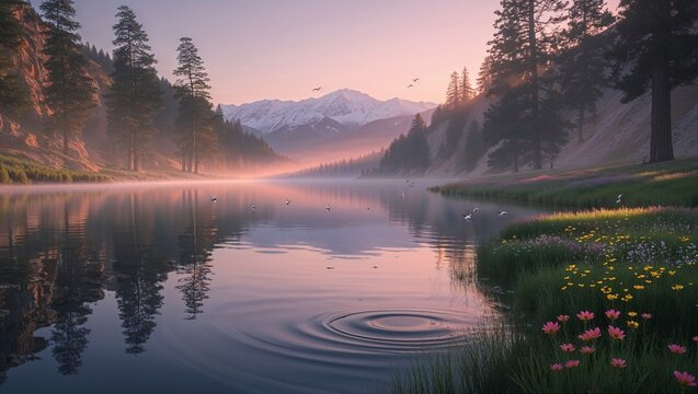 Golden hour over a tranquil mountain valley with a reflective lake, blooming wildflowers, misty pine forests, and glowing snow-capped peaks — serene nature scene under soft natural light - Powered by Adobe