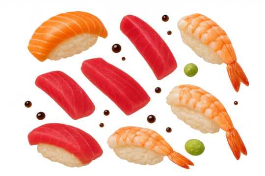 Assorted sushi nigiri with salmon, tuna, and shrimp on transparent background