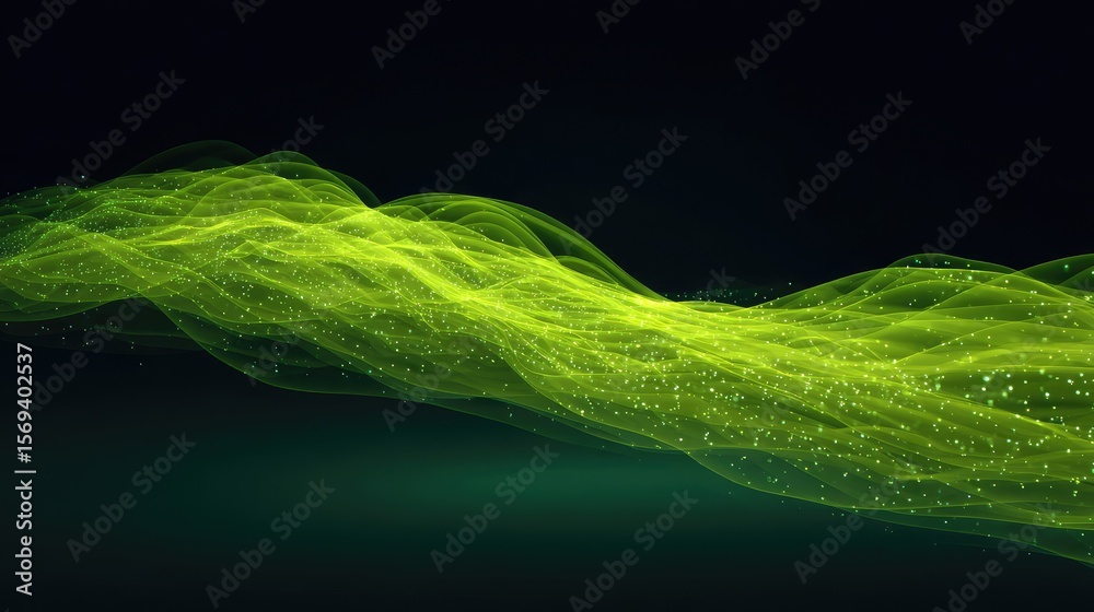 Poster abstract green wave background with flowing lines and shimmering particles creating a serene atmosph