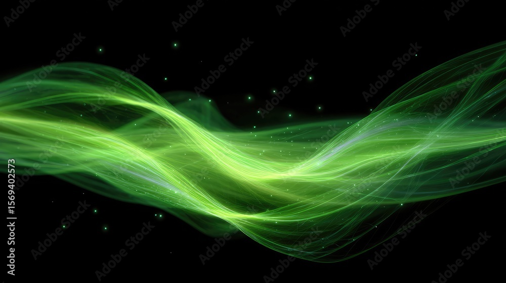 Poster abstract green wave pattern with ethereal flowing lines and glowing particles suitable for backgroun