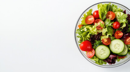 A bowl of fresh salad containing lettuce, cherry tomatoes, and cucumber slices is on the right side. Healthy meal, fresh ingredients