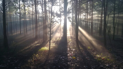 Obraz premium Sun rays through the trees in a dark forest