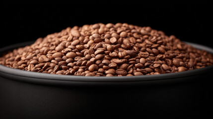 Coffee beans are piled high in a black bowl. Freshness and aroma