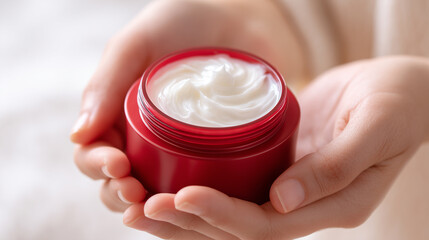 美容クリームを指で優しくすくう素肌の美しい手元 | クローズアップ