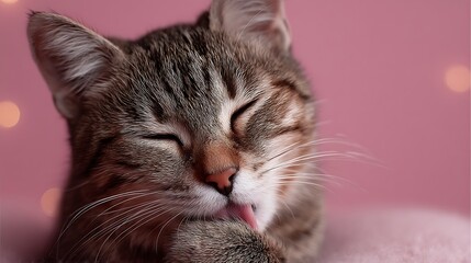 Striped cat carefully licking