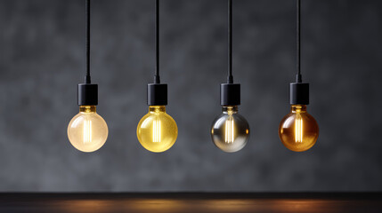 Four hanging light bulbs with different filament designs and hues are suspended in a row. Concept: Lighting and design elegance