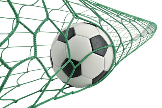 Soccer ball caught in green net goal isolated on transparent background